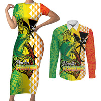 Hawaii Blue Marlin Fishing Couples Matching Short Sleeve Bodycon Dress and Long Sleeve Button Shirt Hawaiian Kanaka Kakau Reggae