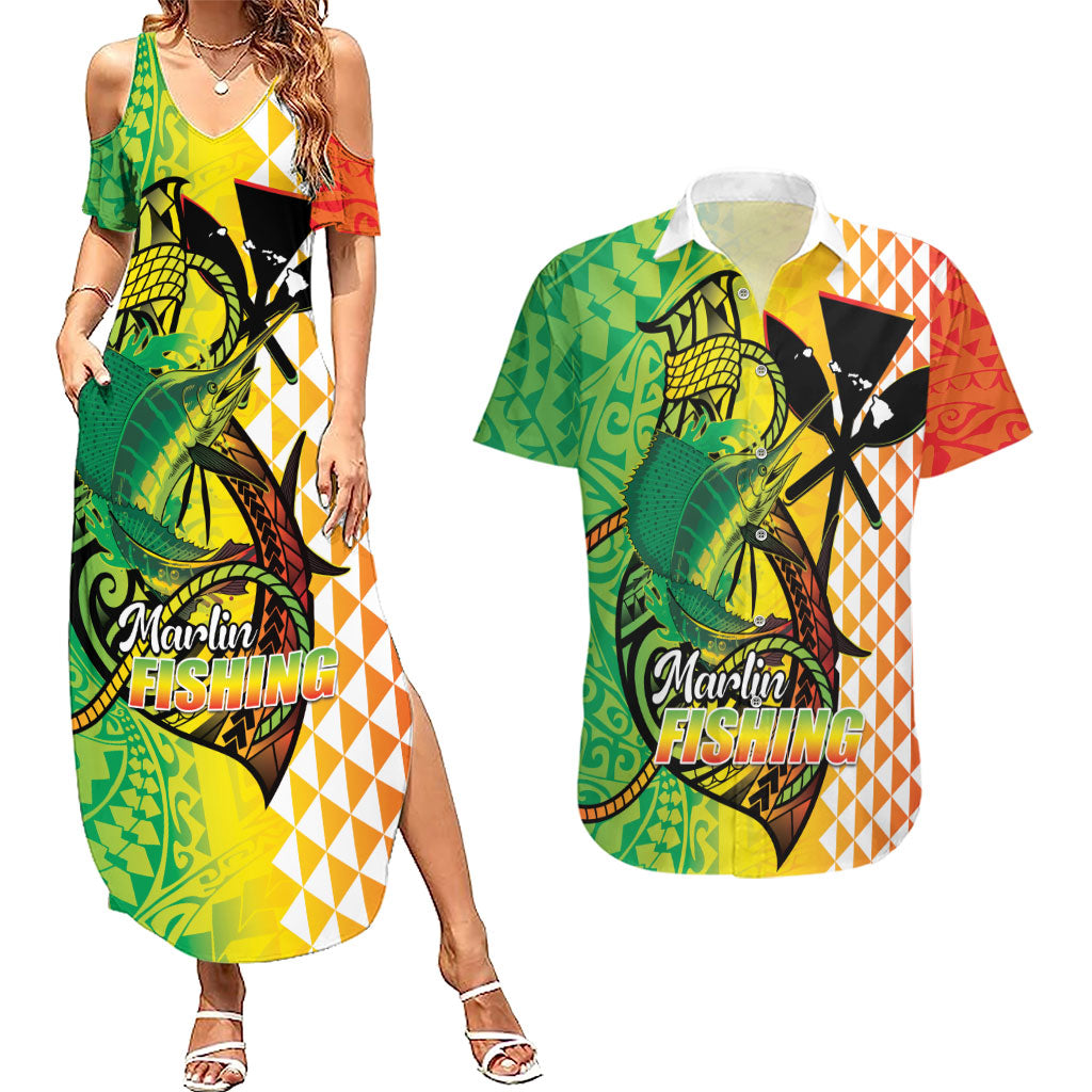 Hawaii Blue Marlin Fishing Couples Matching Summer Maxi Dress and Hawaiian Shirt Hawaiian Kanaka Kakau Reggae LT14 Reggae - Polynesian Pride
