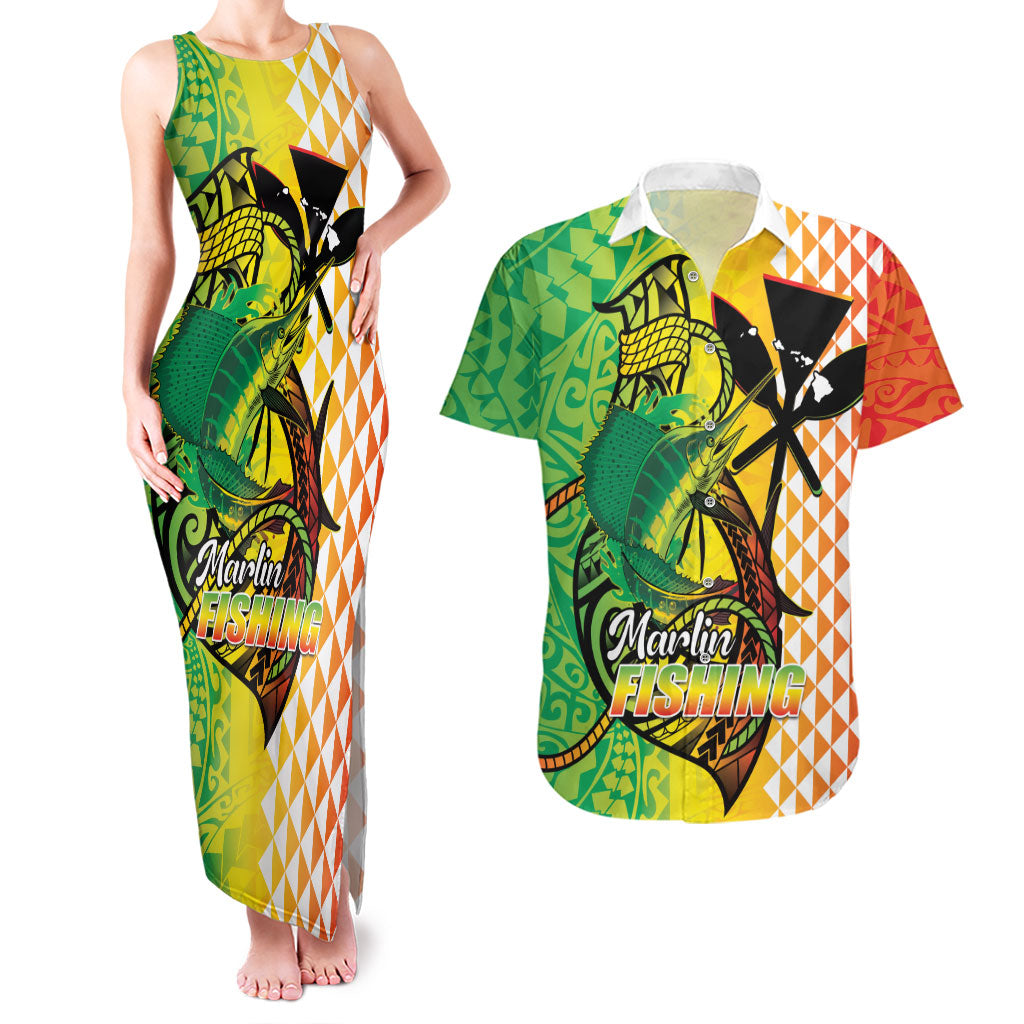 Hawaii Blue Marlin Fishing Couples Matching Tank Maxi Dress and Hawaiian Shirt Hawaiian Kanaka Kakau Reggae