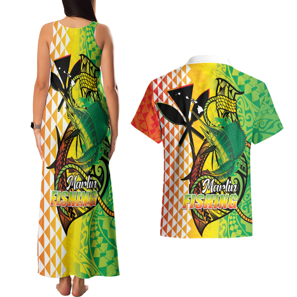 Hawaii Blue Marlin Fishing Couples Matching Tank Maxi Dress and Hawaiian Shirt Hawaiian Kanaka Kakau Reggae