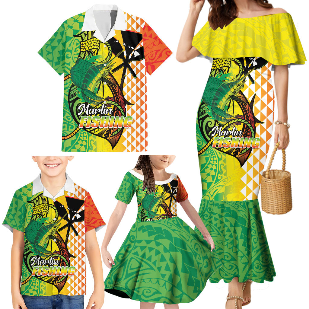Hawaii Blue Marlin Fishing Family Matching Mermaid Dress and Hawaiian Shirt Hawaiian Kanaka Kakau Reggae