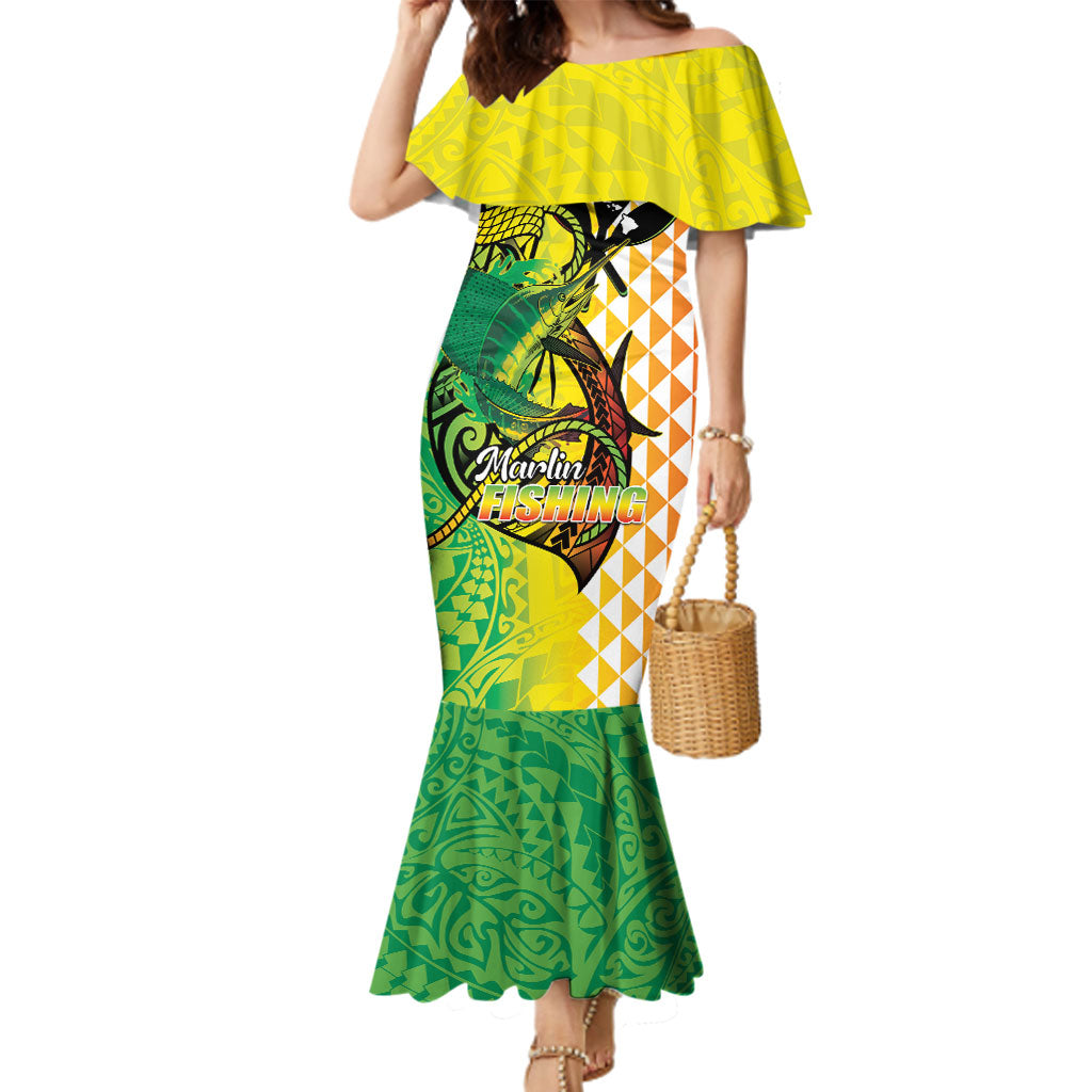 Hawaii Blue Marlin Fishing Family Matching Mermaid Dress and Hawaiian Shirt Hawaiian Kanaka Kakau Reggae