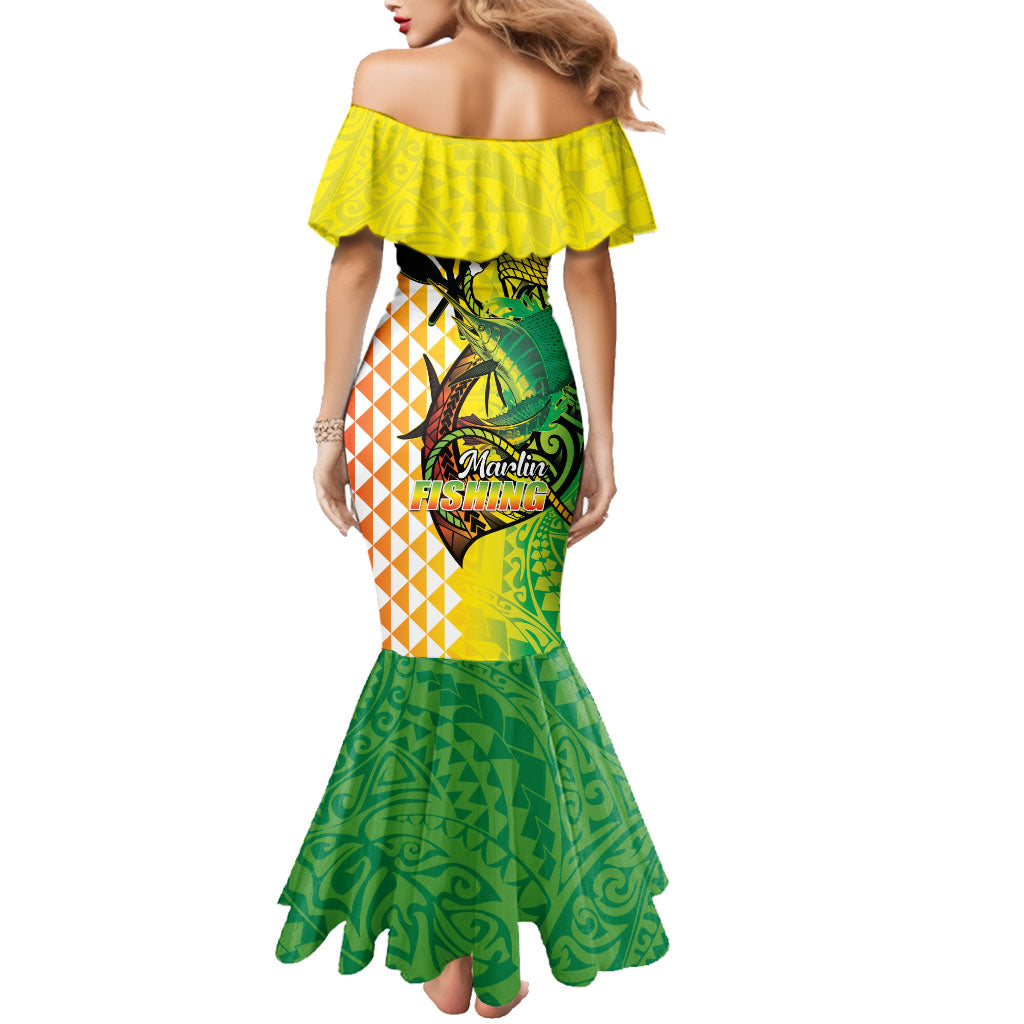 Hawaii Blue Marlin Fishing Family Matching Mermaid Dress and Hawaiian Shirt Hawaiian Kanaka Kakau Reggae