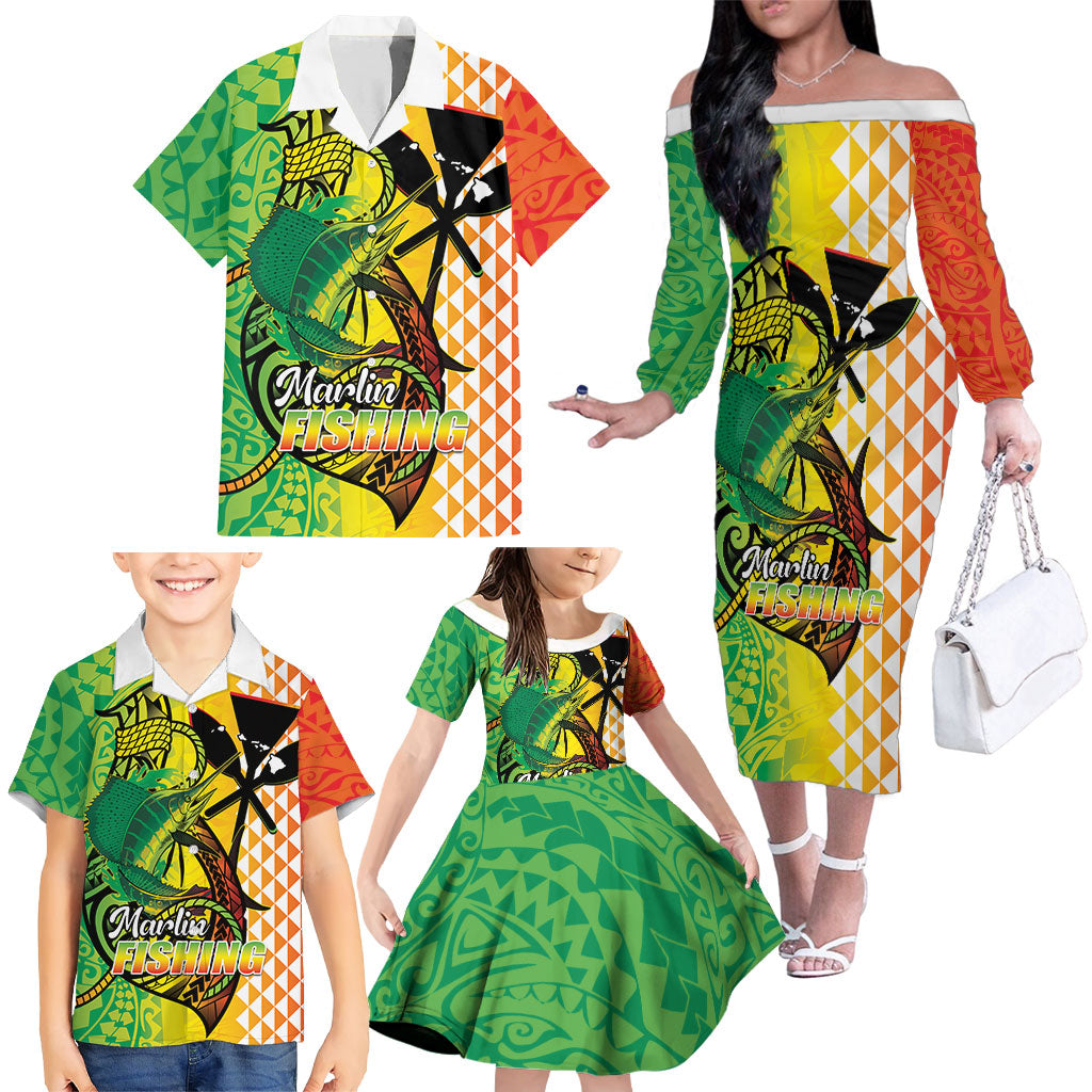 Hawaii Blue Marlin Fishing Family Matching Off The Shoulder Long Sleeve Dress and Hawaiian Shirt Hawaiian Kanaka Kakau Reggae