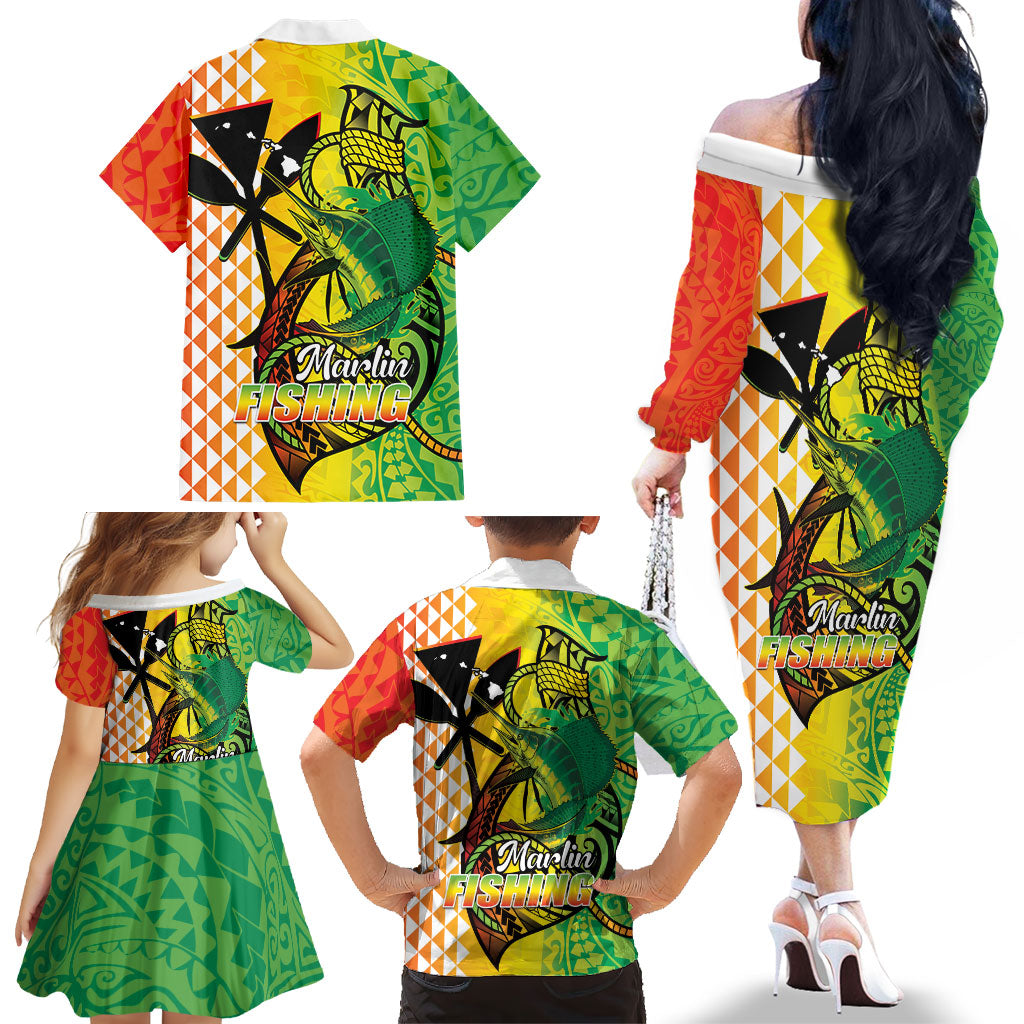 Hawaii Blue Marlin Fishing Family Matching Off The Shoulder Long Sleeve Dress and Hawaiian Shirt Hawaiian Kanaka Kakau Reggae