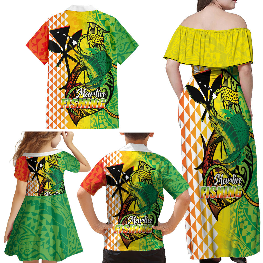 Hawaii Blue Marlin Fishing Family Matching Off Shoulder Maxi Dress and Hawaiian Shirt Hawaiian Kanaka Kakau Reggae