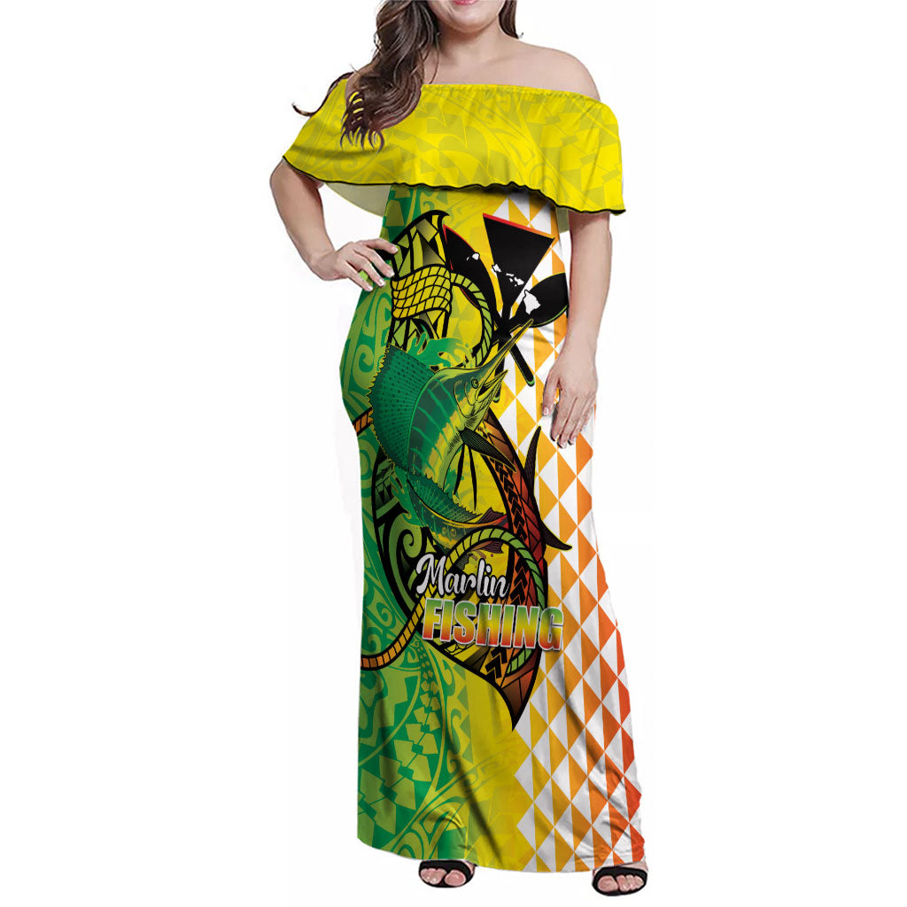 Hawaii Blue Marlin Fishing Family Matching Off Shoulder Maxi Dress and Hawaiian Shirt Hawaiian Kanaka Kakau Reggae