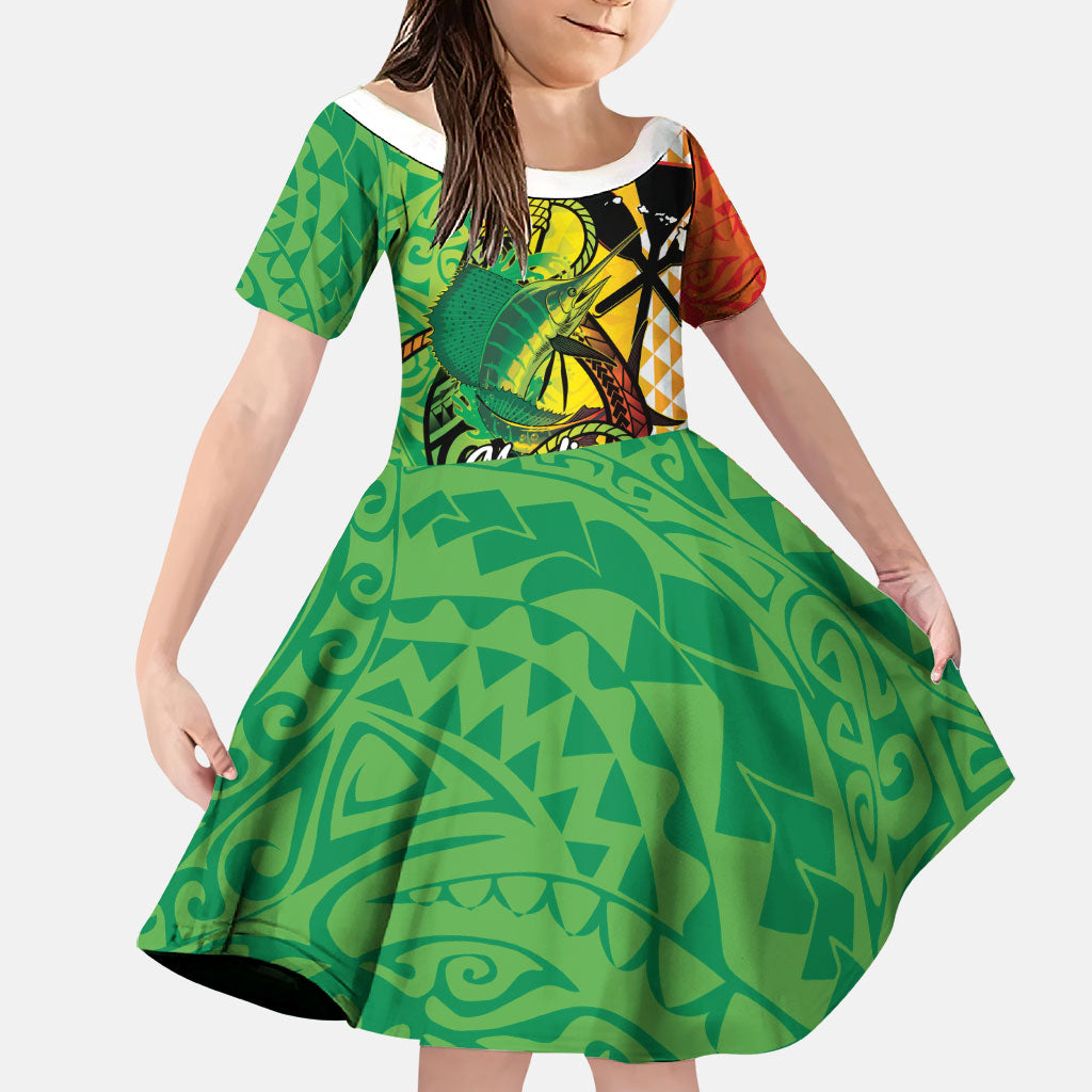 Hawaii Blue Marlin Fishing Family Matching Short Sleeve Bodycon Dress and Hawaiian Shirt Hawaiian Kanaka Kakau Reggae LT14 Daughter's Dress Reggae - Polynesian Pride