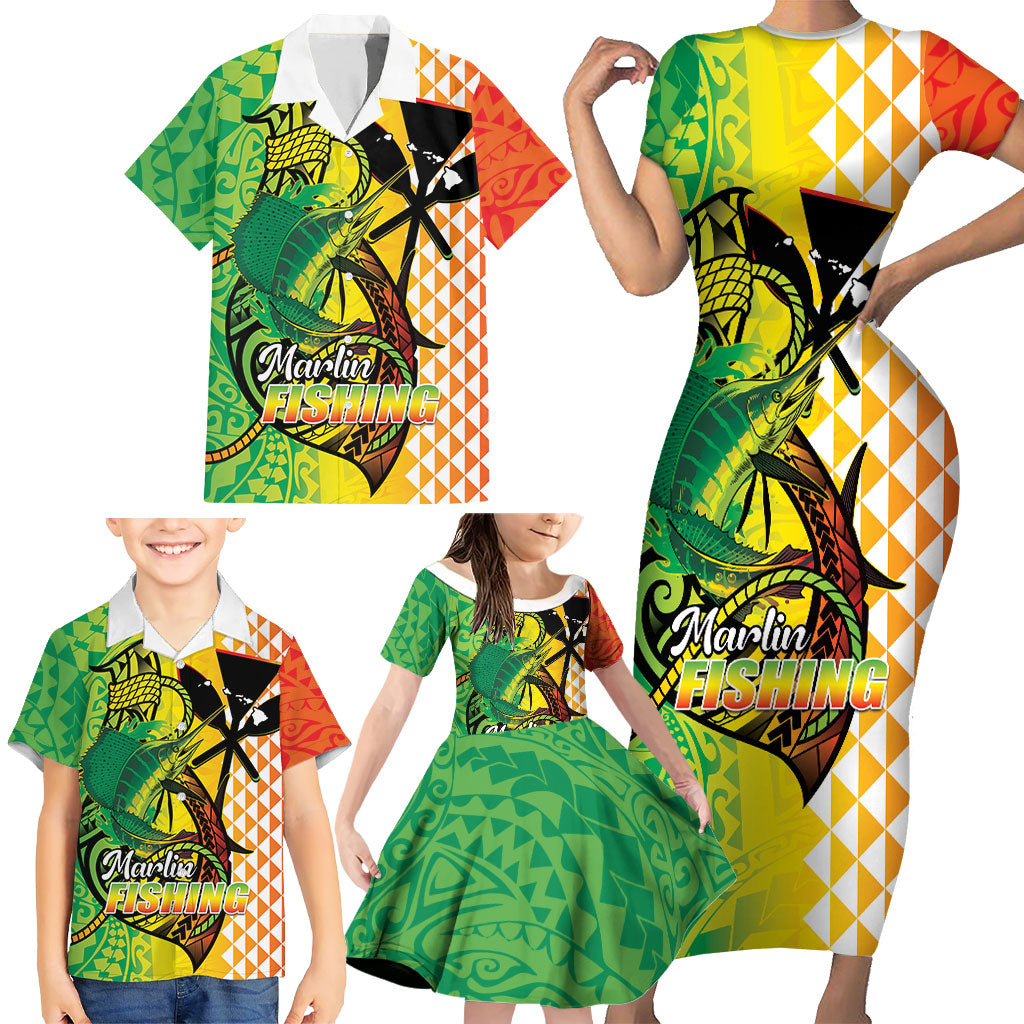 Hawaii Blue Marlin Fishing Family Matching Short Sleeve Bodycon Dress and Hawaiian Shirt Hawaiian Kanaka Kakau Reggae LT14 - Polynesian Pride