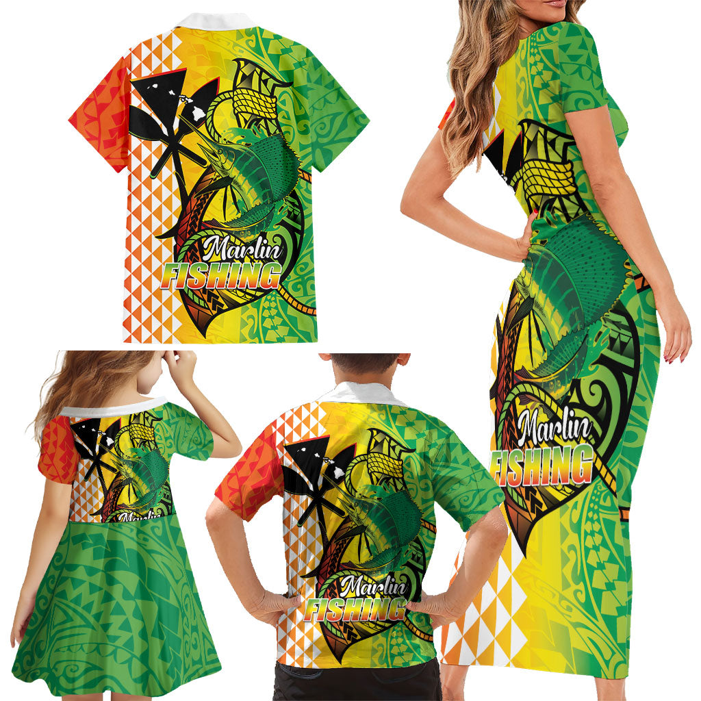 Hawaii Blue Marlin Fishing Family Matching Short Sleeve Bodycon Dress and Hawaiian Shirt Hawaiian Kanaka Kakau Reggae LT14 - Polynesian Pride