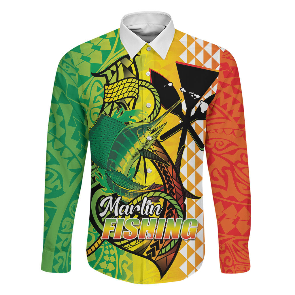 Hawaii Blue Marlin Fishing Family Matching Short Sleeve Bodycon Dress and Hawaiian Shirt Hawaiian Kanaka Kakau Reggae LT14 Dad's Shirt - Long Sleeve Reggae - Polynesian Pride