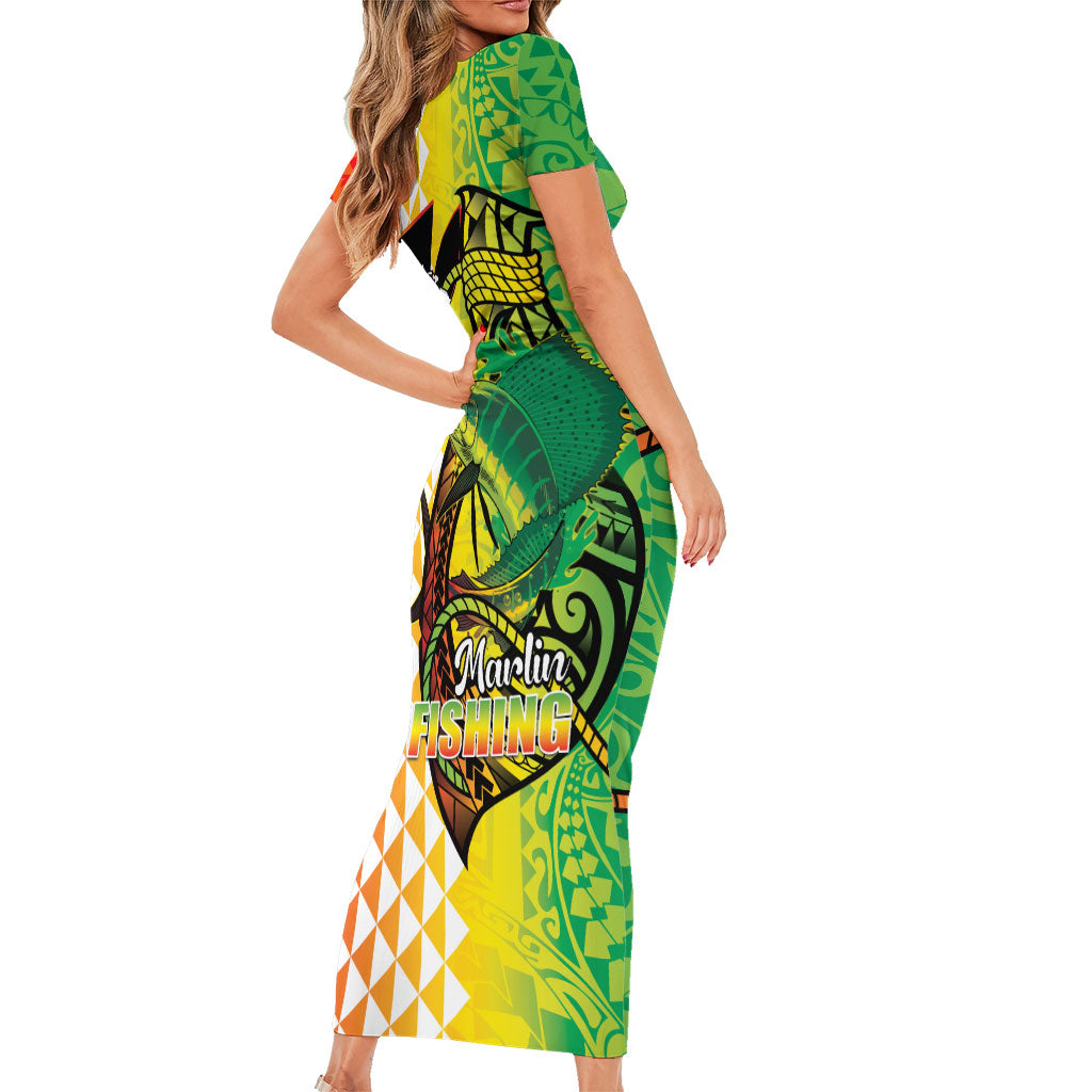 Hawaii Blue Marlin Fishing Family Matching Short Sleeve Bodycon Dress and Hawaiian Shirt Hawaiian Kanaka Kakau Reggae LT14 - Polynesian Pride