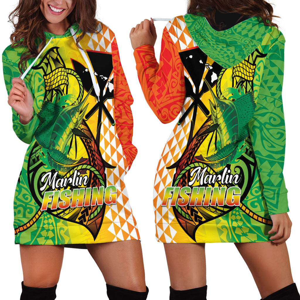 Hawaii Blue Marlin Fishing Hoodie Dress Hawaiian Kanaka Kakau Reggae LT14 - Polynesian Pride