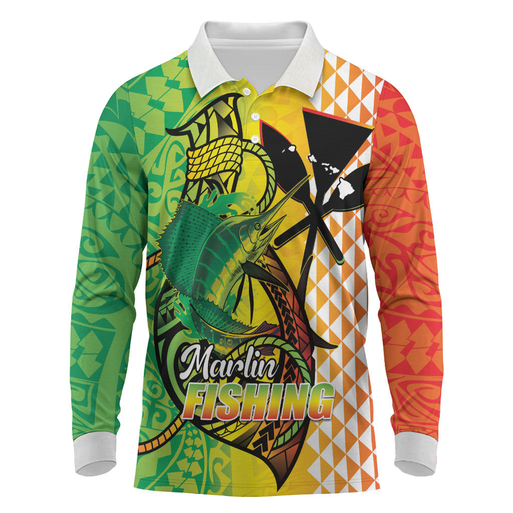 Hawaii Blue Marlin Fishing Long Sleeve Polo Shirt Hawaiian Kanaka Kakau Reggae LT14 Reggae - Polynesian Pride
