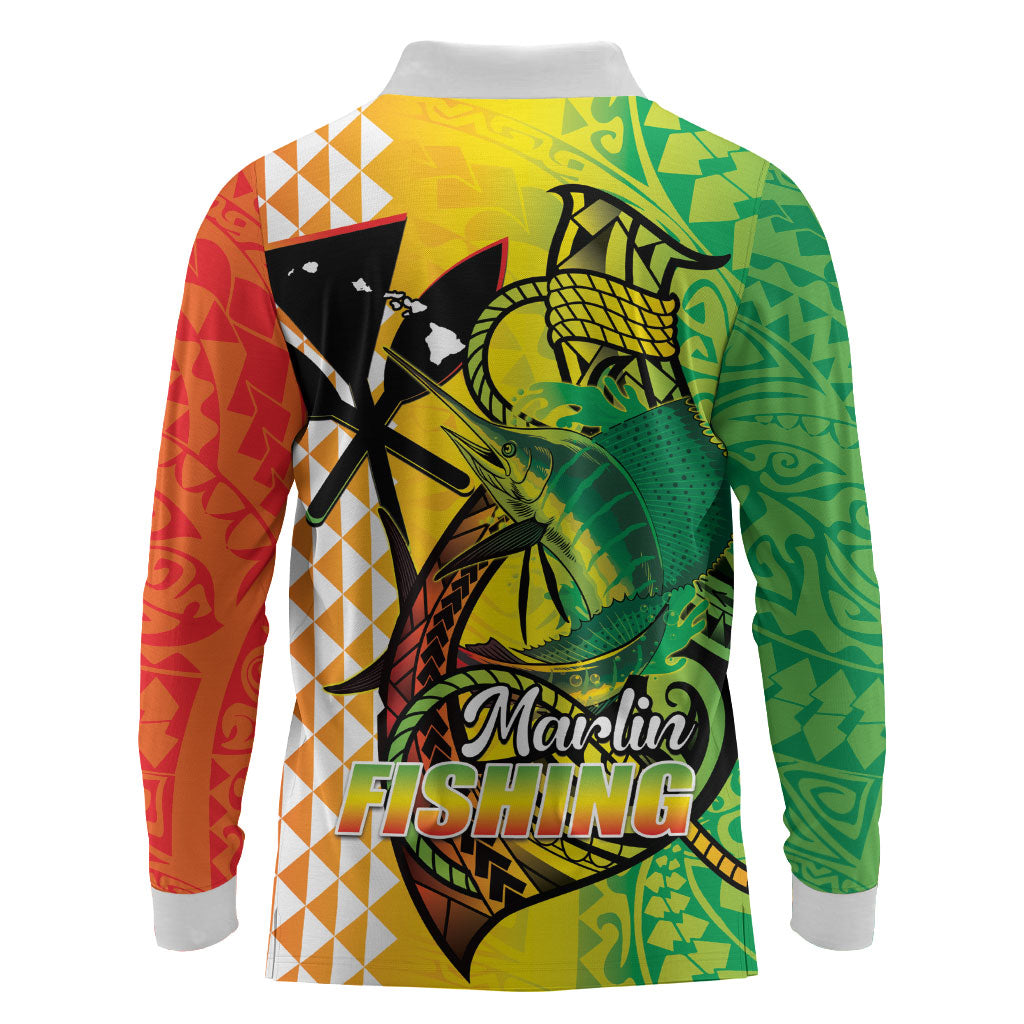 Hawaii Blue Marlin Fishing Long Sleeve Polo Shirt Hawaiian Kanaka Kakau Reggae LT14 - Polynesian Pride