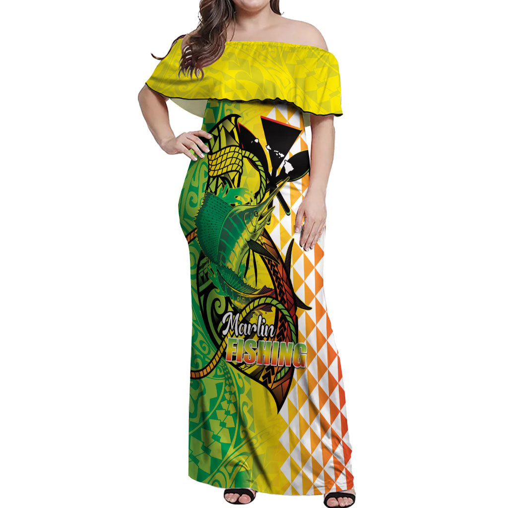 Hawaii Blue Marlin Fishing Off Shoulder Maxi Dress Hawaiian Kanaka Kakau Reggae