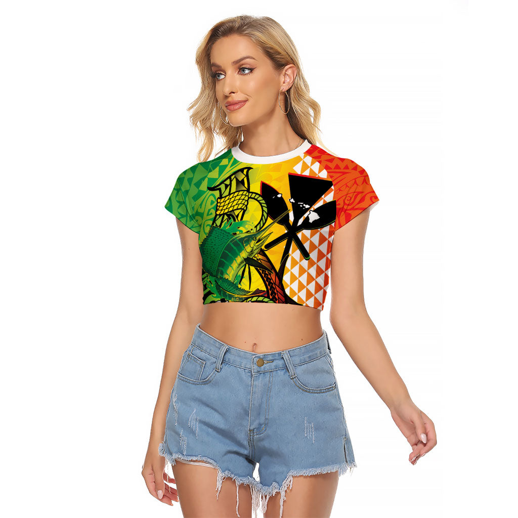 Hawaii Blue Marlin Fishing Raglan Cropped T Shirt Hawaiian Kanaka Kakau Reggae LT14 Female Reggae - Polynesian Pride