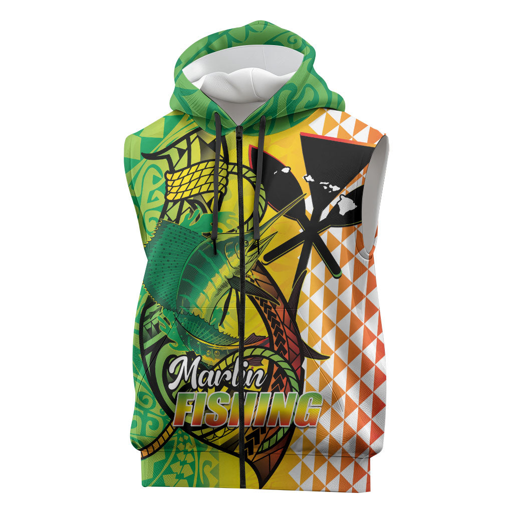 Hawaii Blue Marlin Fishing Sleeveless Zip Hoodie Hawaiian Kanaka Kakau Reggae