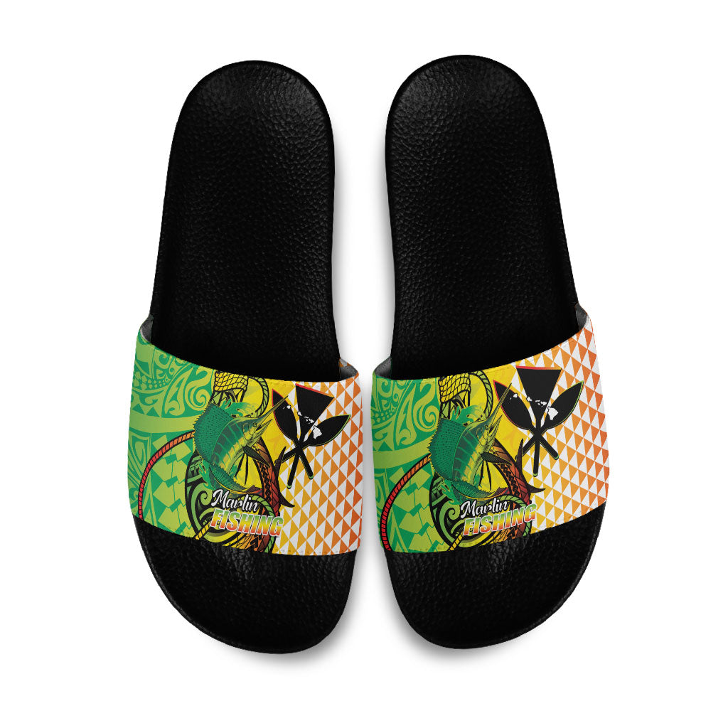 Hawaii Blue Marlin Fishing Slide Sandals Hawaiian Kanaka Kakau Reggae
