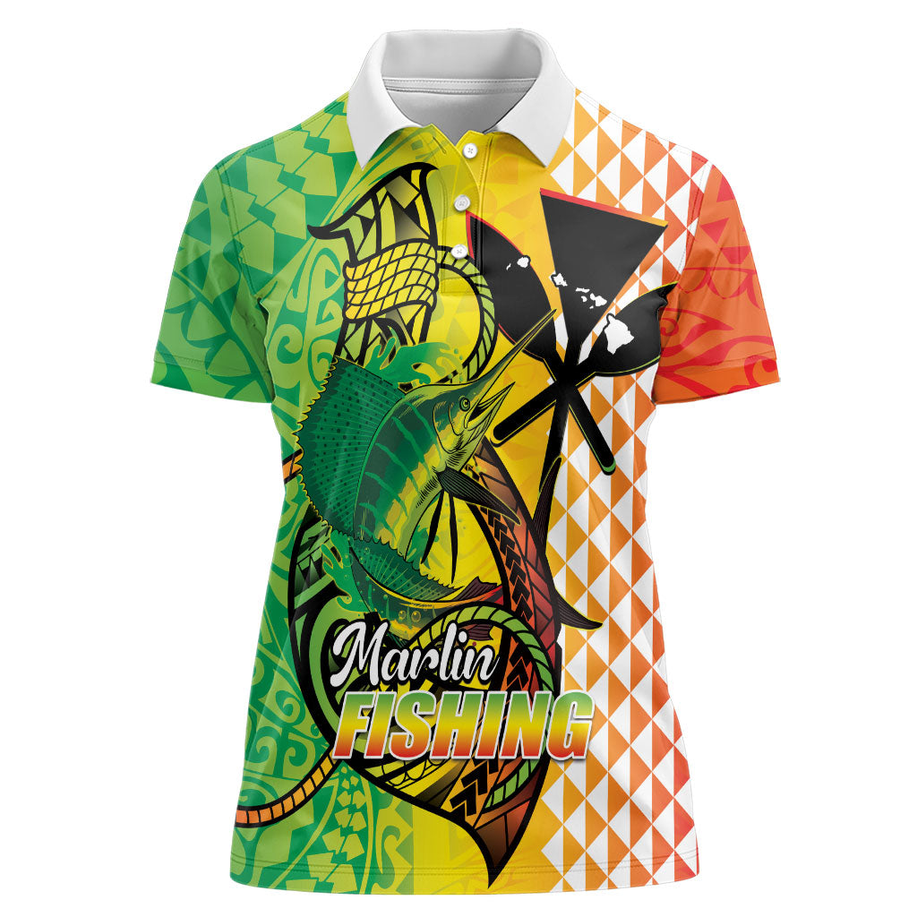 Hawaii Blue Marlin Fishing Women Polo Shirt Hawaiian Kanaka Kakau Reggae LT14 Female Reggae - Polynesian Pride