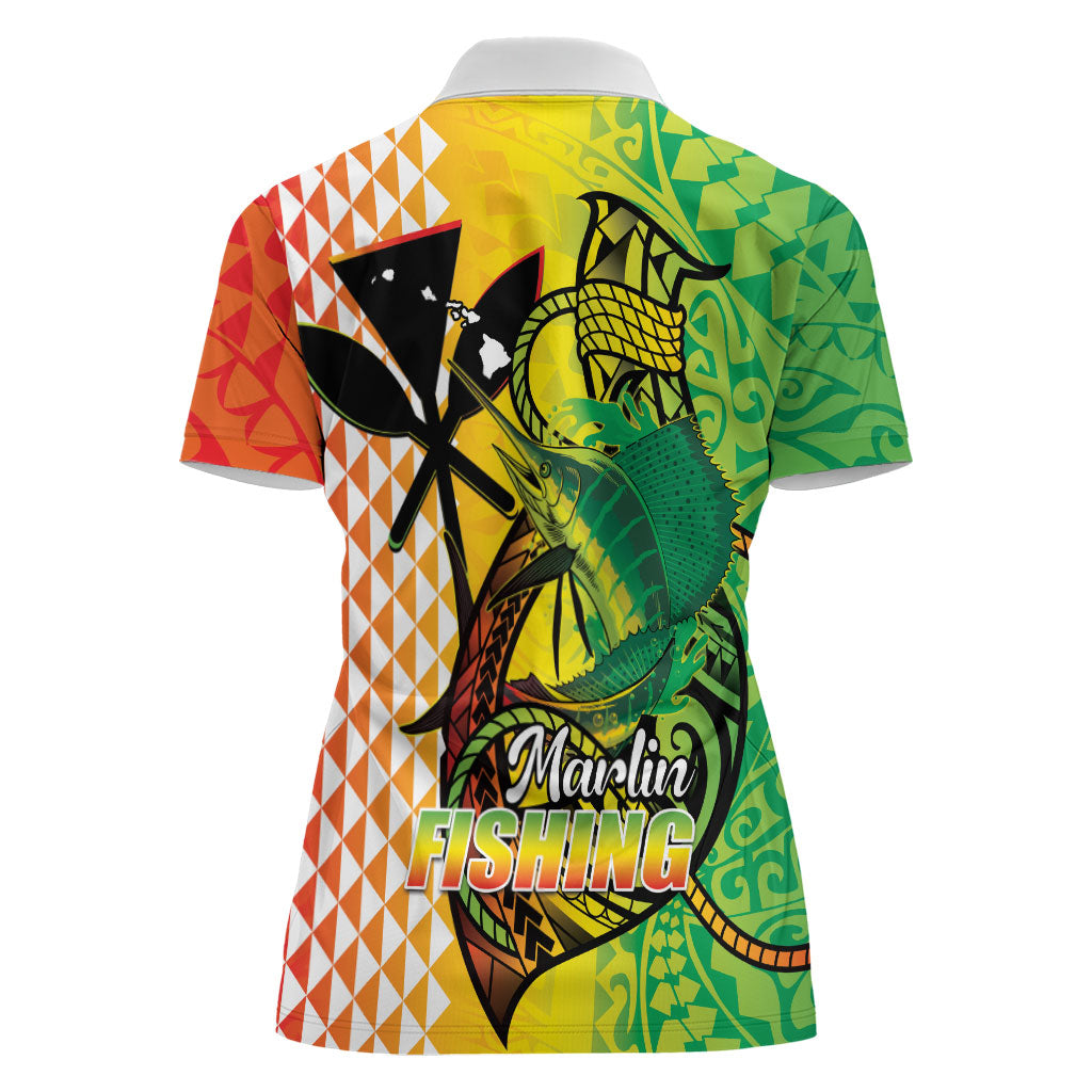 Hawaii Blue Marlin Fishing Women Polo Shirt Hawaiian Kanaka Kakau Reggae LT14 - Polynesian Pride