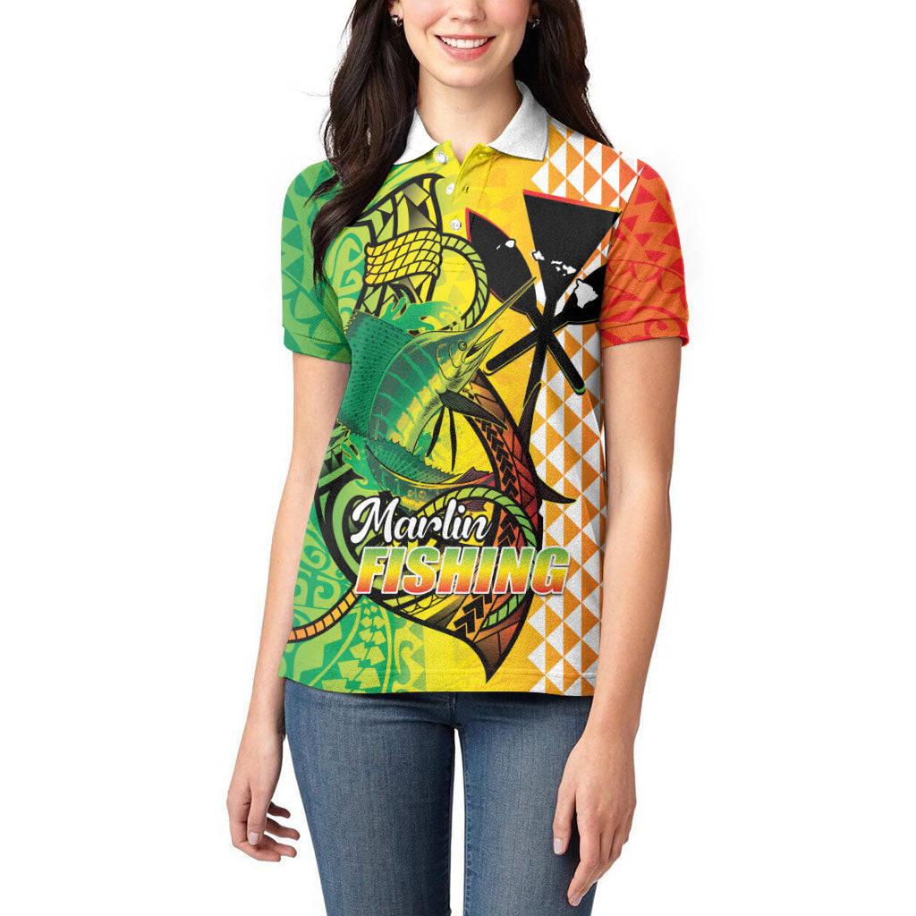 Hawaii Blue Marlin Fishing Women Polo Shirt Hawaiian Kanaka Kakau Reggae LT14 - Polynesian Pride