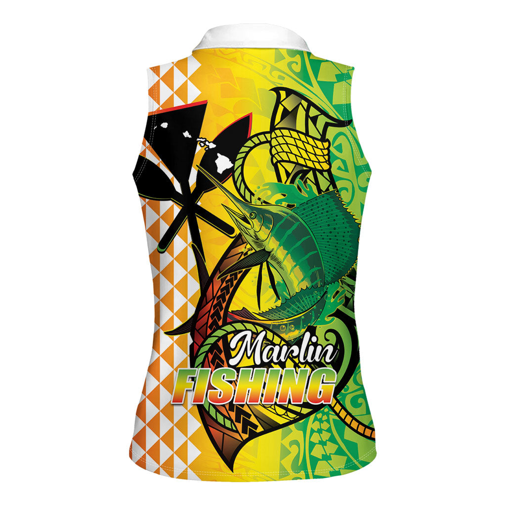 Hawaii Blue Marlin Fishing Women Sleeveless Polo Shirt Hawaiian Kanaka Kakau Reggae