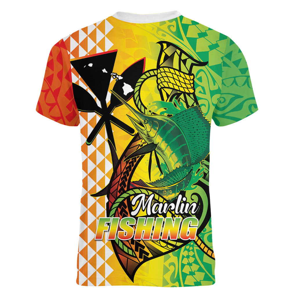 Hawaii Blue Marlin Fishing Women V-Neck T-Shirt Hawaiian Kanaka Kakau Reggae
