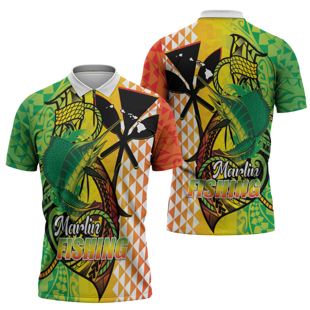 Hawaii Blue Marlin Fishing Zipper Polo Shirt Hawaiian Kanaka Kakau Reggae LT14 - Polynesian Pride