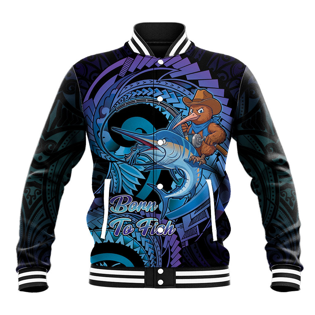 Personalised Blue Marlin Fishing New Zealand Baseball Jacket NZ Kiwi Cowboy Born To Fish LT14 Unisex Purple - Polynesian Pride