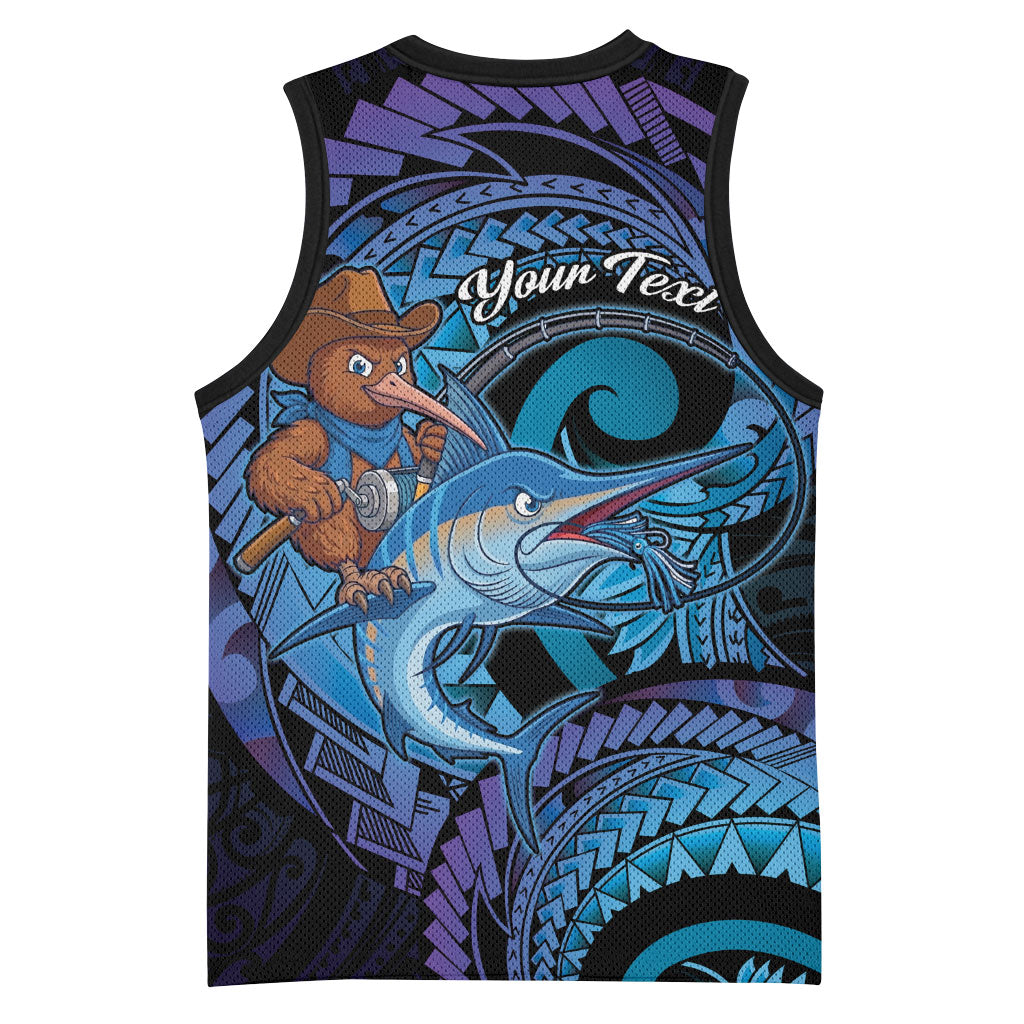 Personalised Blue Marlin Fishing New Zealand Basketball Jersey NZ Kiwi Cowboy Born To Fish