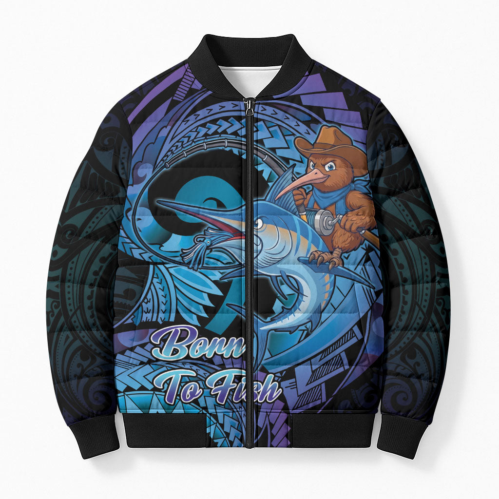 Personalised Blue Marlin Fishing New Zealand Bomber Puffer Jacket NZ Kiwi Cowboy Born To Fish LT14 Unisex Purple - Polynesian Pride