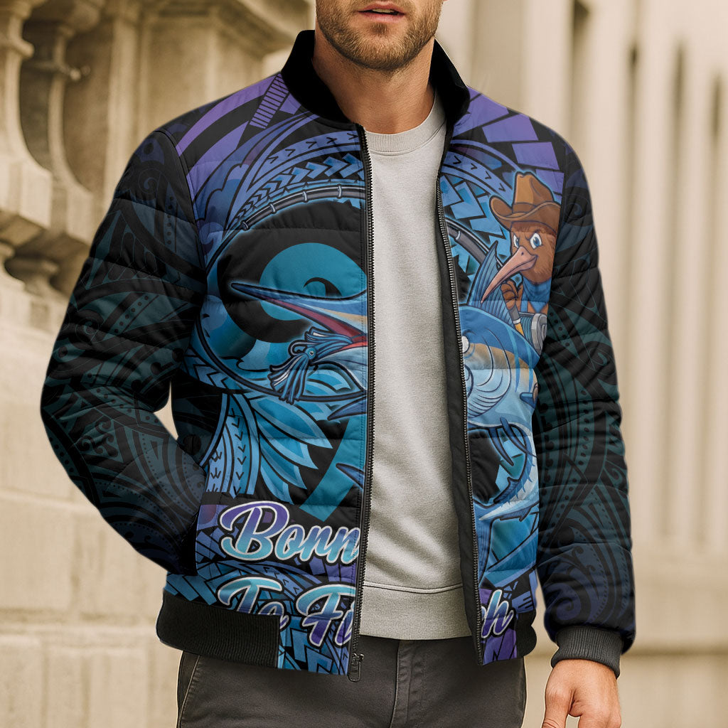 Personalised Blue Marlin Fishing New Zealand Bomber Puffer Jacket NZ Kiwi Cowboy Born To Fish LT14 - Polynesian Pride