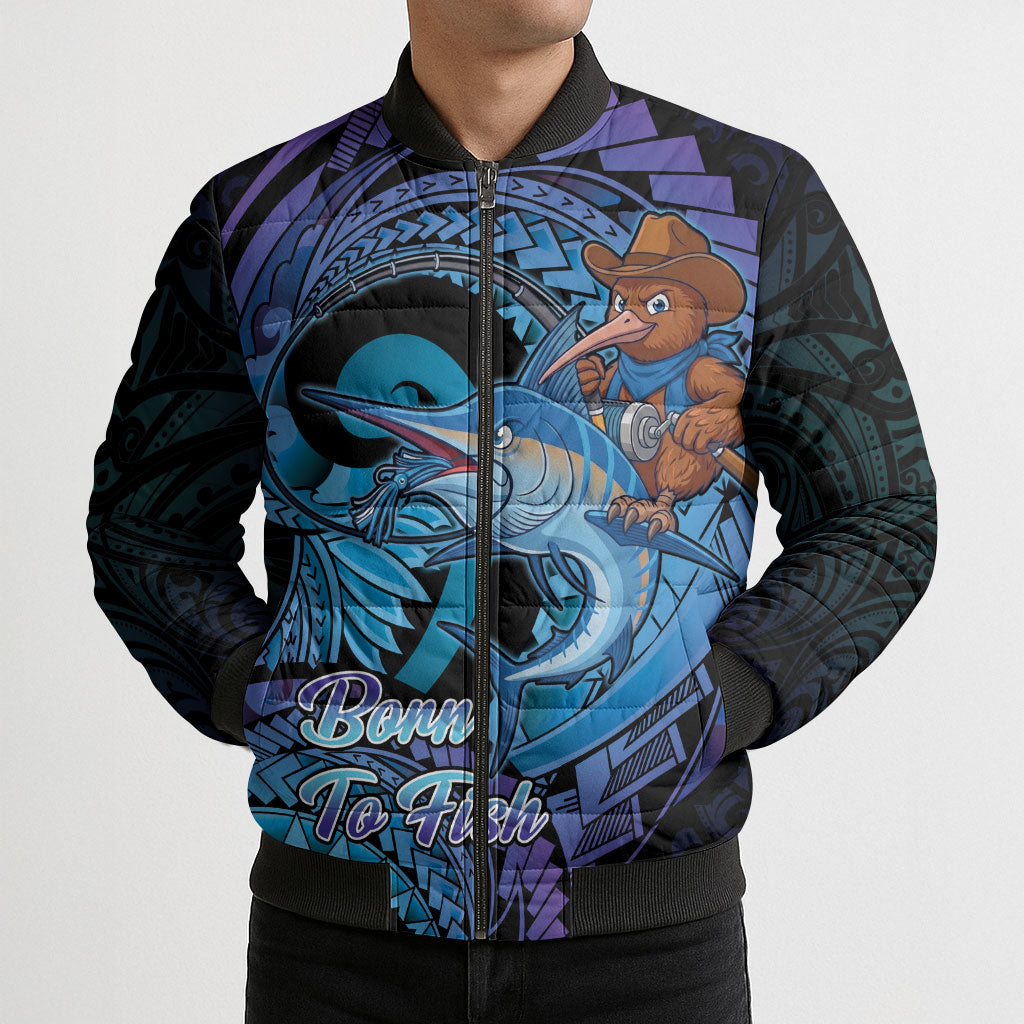 Personalised Blue Marlin Fishing New Zealand Bomber Puffer Jacket NZ Kiwi Cowboy Born To Fish LT14 - Polynesian Pride