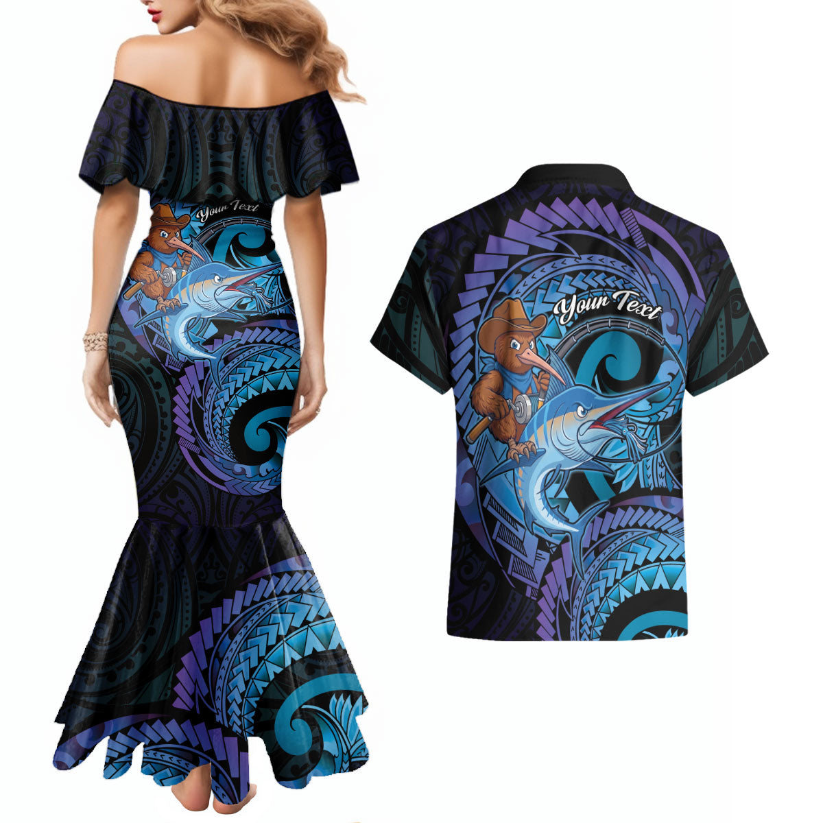 Personalised Blue Marlin Fishing New Zealand Couples Matching Mermaid Dress and Hawaiian Shirt NZ Kiwi Cowboy Born To Fish LT14 - Polynesian Pride