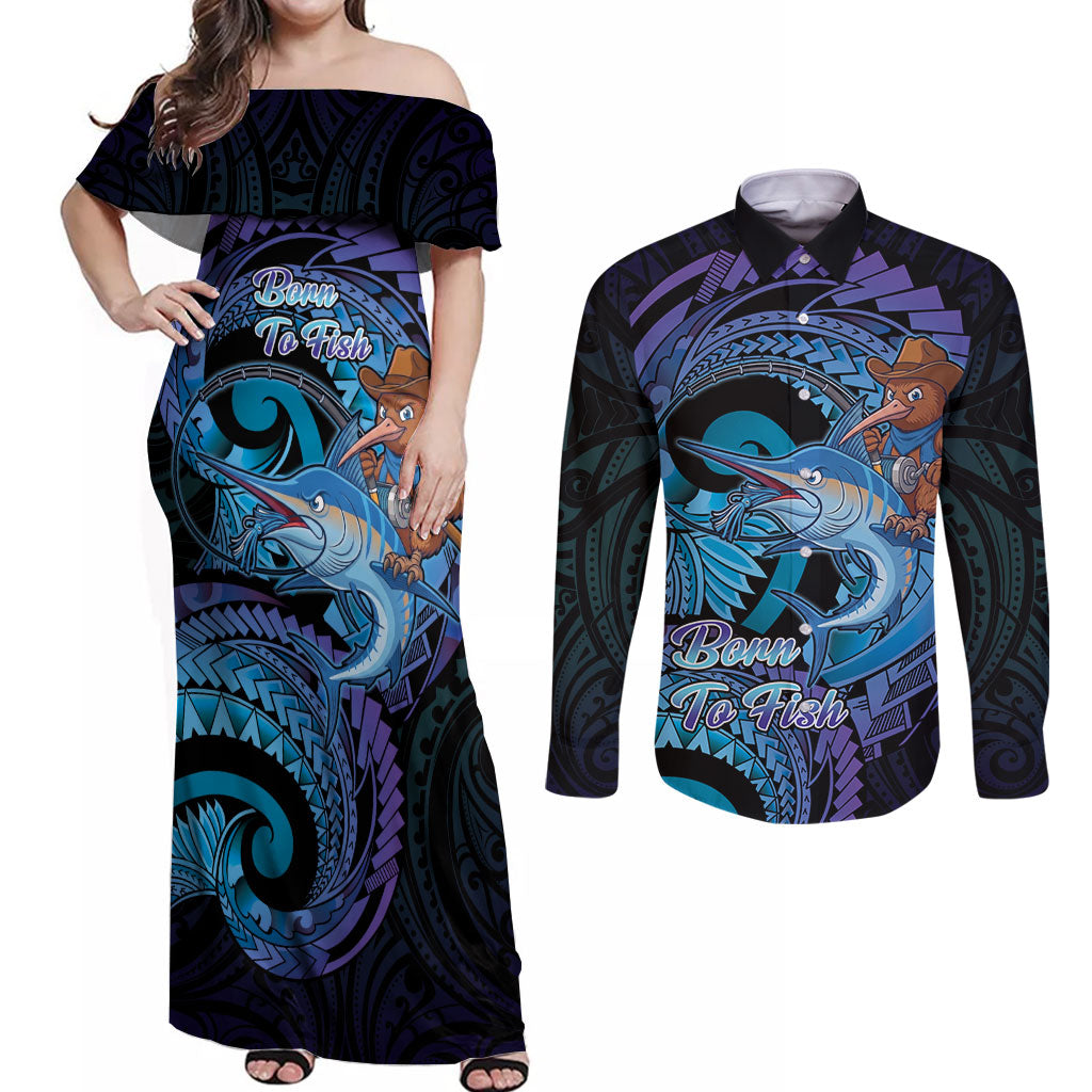 Personalised Blue Marlin Fishing New Zealand Couples Matching Off Shoulder Maxi Dress and Long Sleeve Button Shirt NZ Kiwi Cowboy Born To Fish