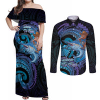 Personalised Blue Marlin Fishing New Zealand Couples Matching Off Shoulder Maxi Dress and Long Sleeve Button Shirt NZ Kiwi Cowboy Born To Fish