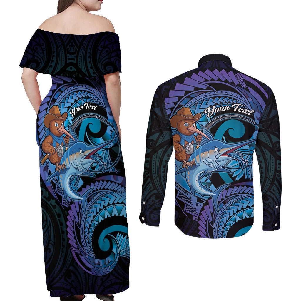 Personalised Blue Marlin Fishing New Zealand Couples Matching Off Shoulder Maxi Dress and Long Sleeve Button Shirt NZ Kiwi Cowboy Born To Fish