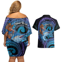 Personalised Blue Marlin Fishing New Zealand Couples Matching Off Shoulder Short Dress and Hawaiian Shirt NZ Kiwi Cowboy Born To Fish