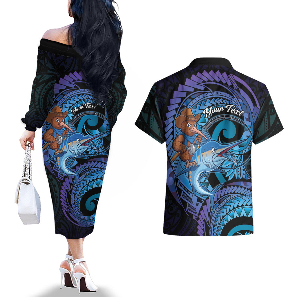 Personalised Blue Marlin Fishing New Zealand Couples Matching Off The Shoulder Long Sleeve Dress and Hawaiian Shirt NZ Kiwi Cowboy Born To Fish