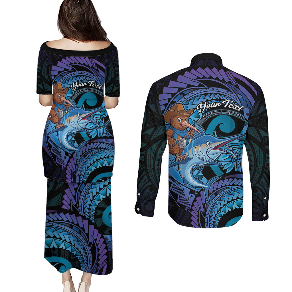 Personalised Blue Marlin Fishing New Zealand Couples Matching Puletasi and Long Sleeve Button Shirt NZ Kiwi Cowboy Born To Fish