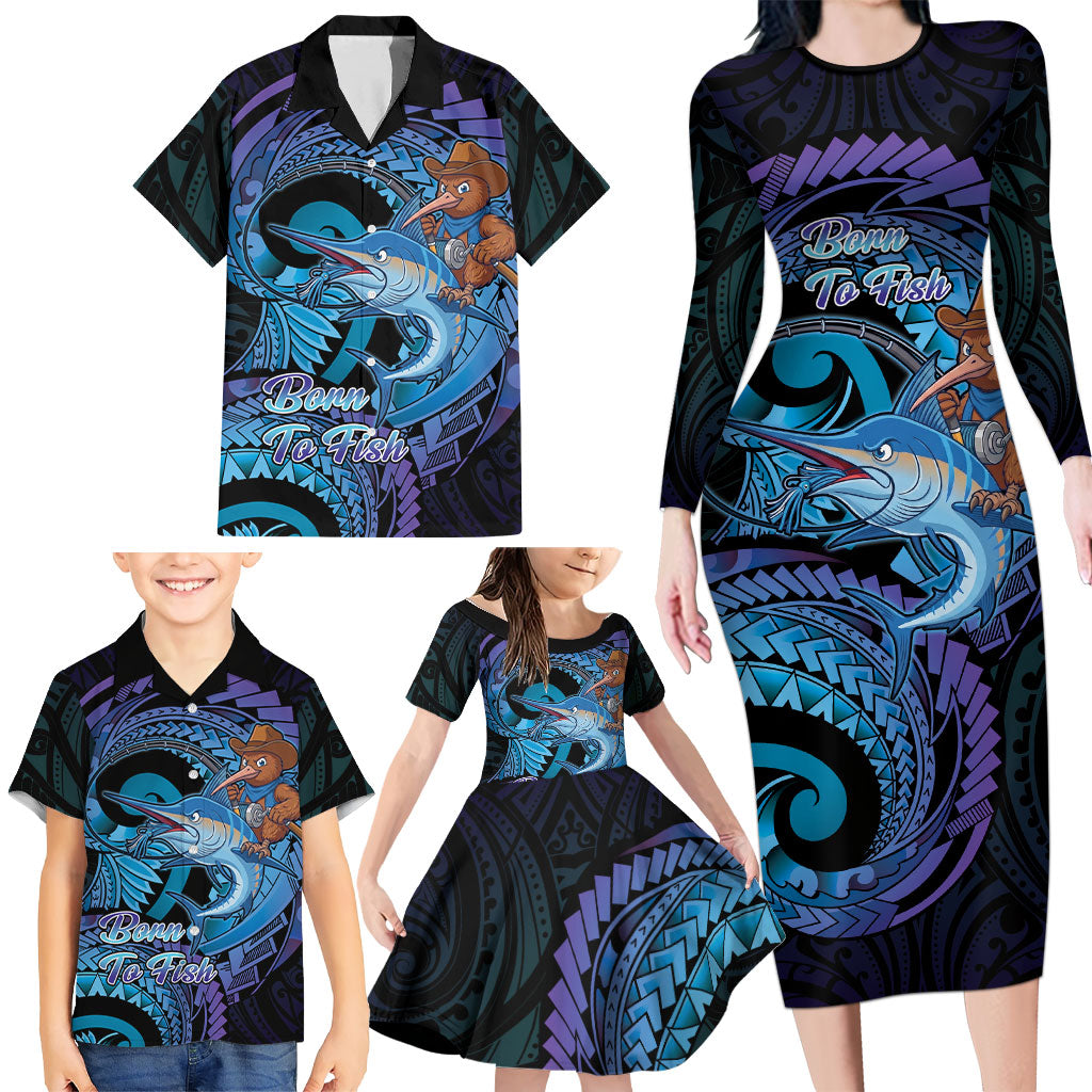 Personalised Blue Marlin Fishing New Zealand Family Matching Long Sleeve Bodycon Dress and Hawaiian Shirt NZ Kiwi Cowboy Born To Fish