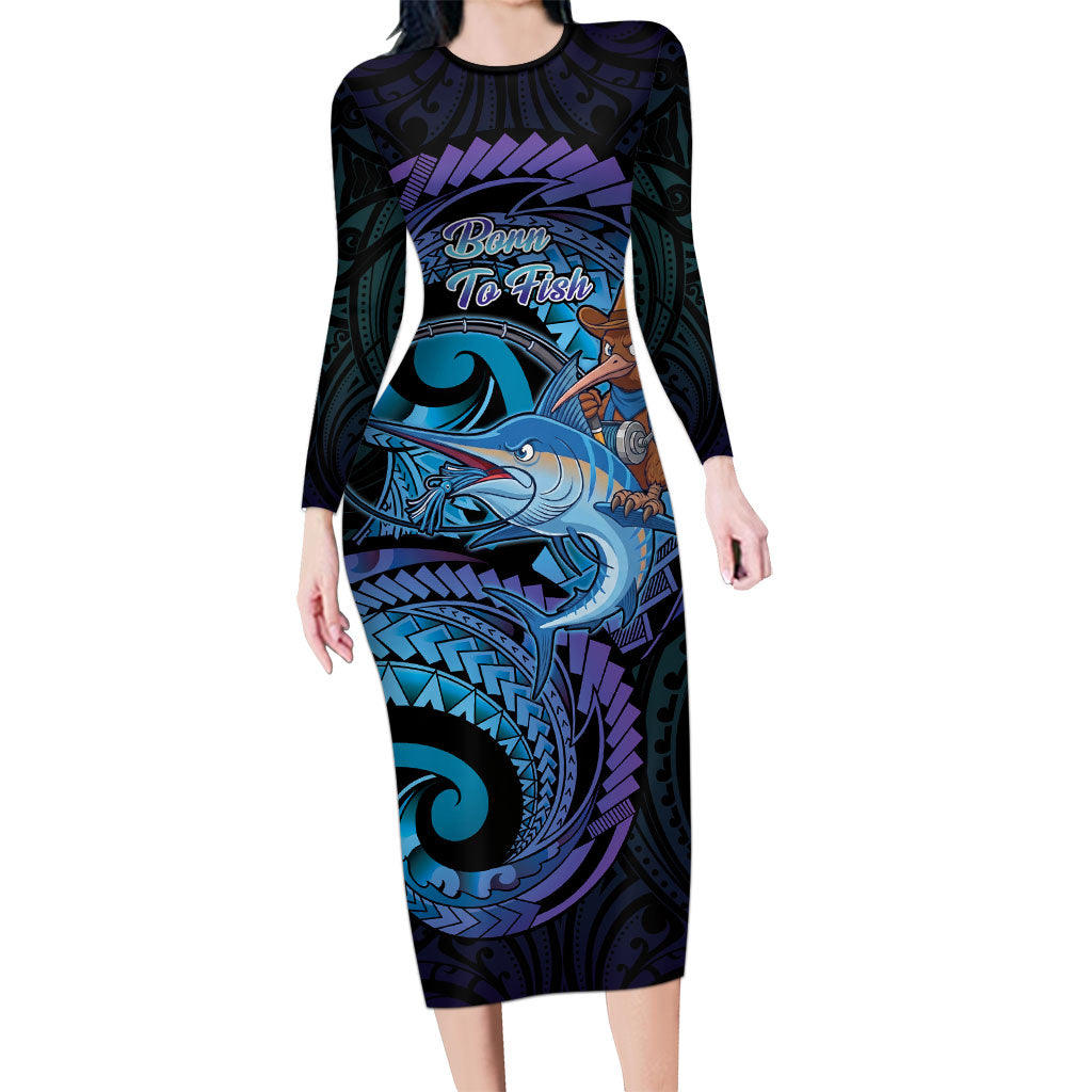 Personalised Blue Marlin Fishing New Zealand Family Matching Long Sleeve Bodycon Dress and Hawaiian Shirt NZ Kiwi Cowboy Born To Fish