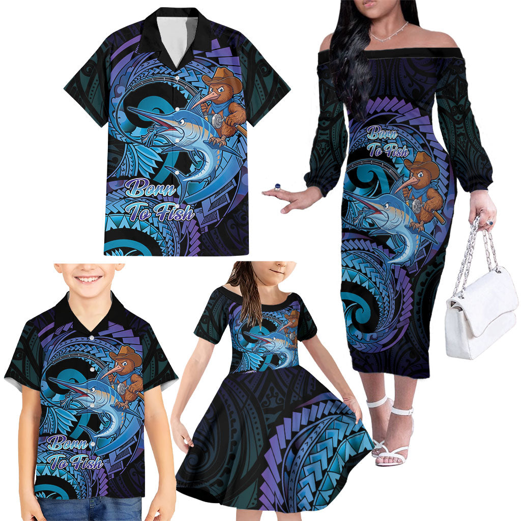 Personalised Blue Marlin Fishing New Zealand Family Matching Off The Shoulder Long Sleeve Dress and Hawaiian Shirt NZ Kiwi Cowboy Born To Fish LT14 - Polynesian Pride