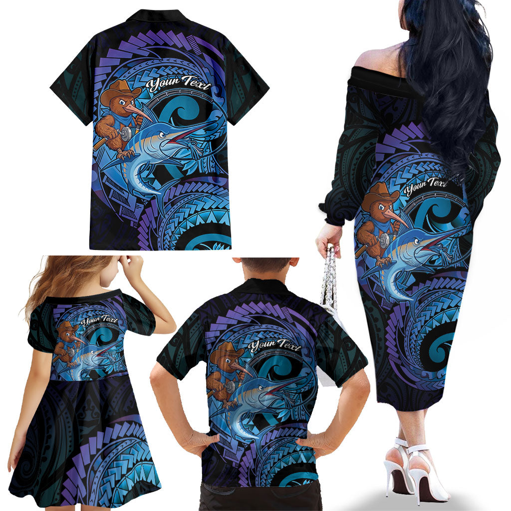 Personalised Blue Marlin Fishing New Zealand Family Matching Off The Shoulder Long Sleeve Dress and Hawaiian Shirt NZ Kiwi Cowboy Born To Fish LT14 - Polynesian Pride