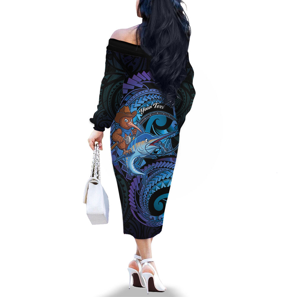 Personalised Blue Marlin Fishing New Zealand Family Matching Off The Shoulder Long Sleeve Dress and Hawaiian Shirt NZ Kiwi Cowboy Born To Fish LT14 - Polynesian Pride