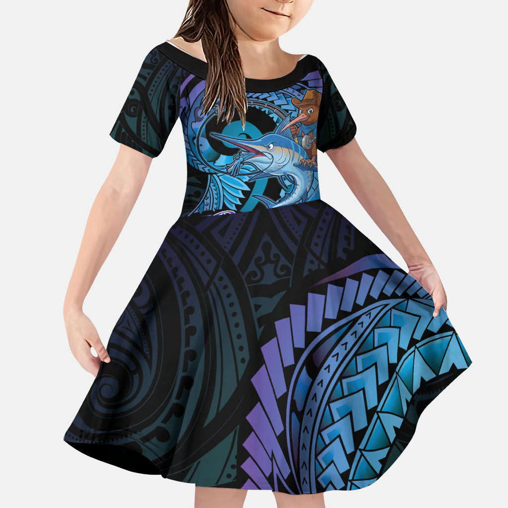Personalised Blue Marlin Fishing New Zealand Family Matching Off Shoulder Maxi Dress and Hawaiian Shirt NZ Kiwi Cowboy Born To Fish LT14 Daughter's Dress Purple - Polynesian Pride