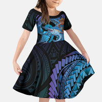 Personalised Blue Marlin Fishing New Zealand Family Matching Off Shoulder Maxi Dress and Hawaiian Shirt NZ Kiwi Cowboy Born To Fish LT14 Daughter's Dress Purple - Polynesian Pride