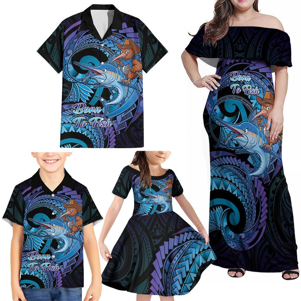 Personalised Blue Marlin Fishing New Zealand Family Matching Off Shoulder Maxi Dress and Hawaiian Shirt NZ Kiwi Cowboy Born To Fish LT14 - Polynesian Pride