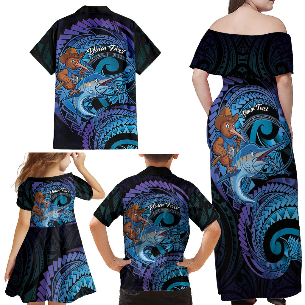Personalised Blue Marlin Fishing New Zealand Family Matching Off Shoulder Maxi Dress and Hawaiian Shirt NZ Kiwi Cowboy Born To Fish LT14 - Polynesian Pride